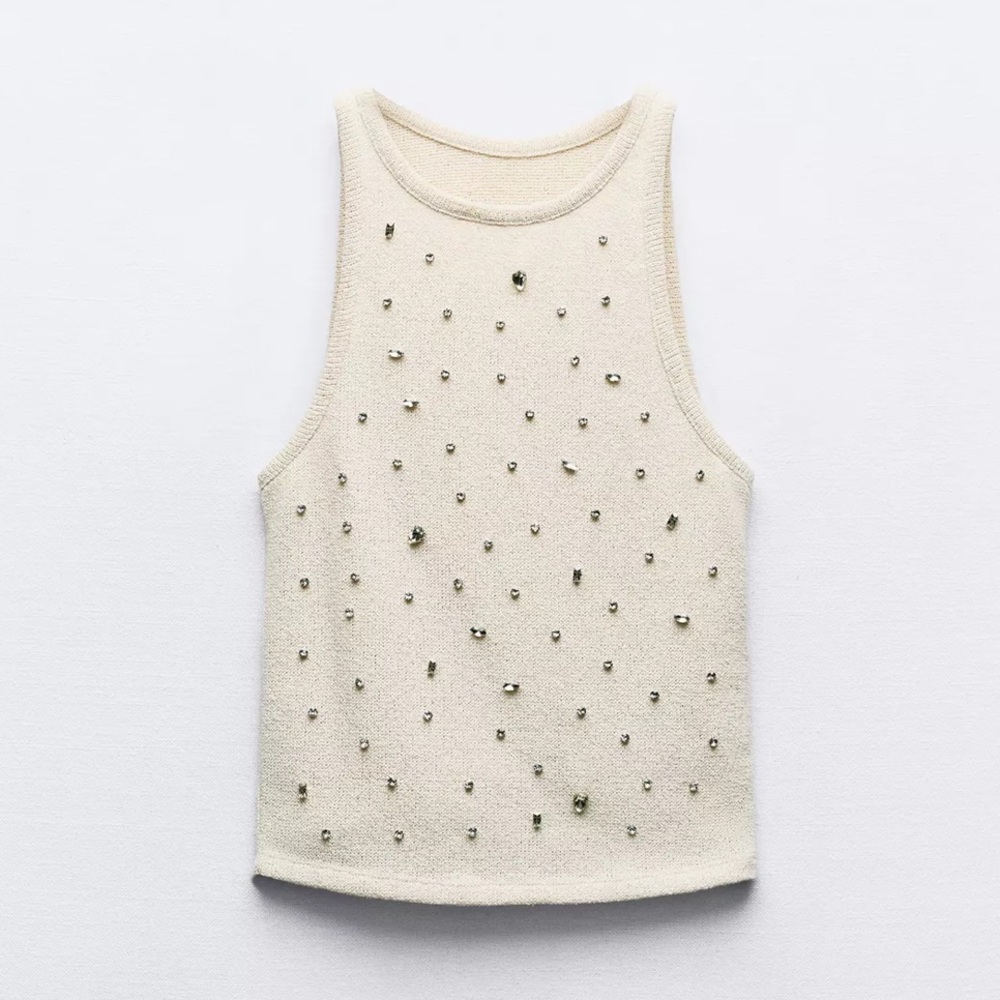 Zara Embellished Rhinestones Cream Beige Tank Top